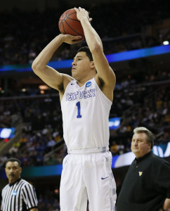 Mar 26, 2015; Cleveland, OH, USA; Kentucky Wildcats guard Devin Booker (1) shoots during the first half against the West Virginia Mountaineers in the semifinals of the midwest regional of the 2015 NCAA Tournament at Quicken Loans Arena. Mandatory Credit: Rick Osentoski-USA TODAY Sports