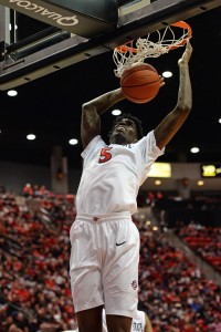 Mar 7, 2015; San Diego, CA, USA; San Diego State Aztecs forward Dwayne Polee II (5) dunks during the second half against the Nevada Wolf Pack at Viejas Arena at Aztec Bowl. Mandatory Credit: Jake Roth-USA TODAY Sports
