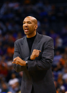 Mar 19, 2015; Phoenix, AZ, USA; New Orleans Pelicans head coach Monty Williams reacts against the Phoenix Suns at US Airways Center. The Suns defeated the Pelicans 74-72. Mandatory Credit: Mark J. Rebilas-USA TODAY Sports