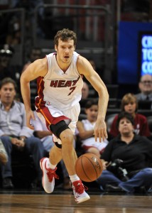 Apr 11, 2015; Miami, FL, USA; Miami Heat guard Goran  Dragic (7) dribbles the ball against the Toronto Raptors during the second half at American Airlines Arena. Mandatory Credit: Steve Mitchell-USA TODAY Sports