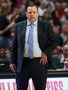 Apr 18, 2015; Chicago, IL, USA; Chicago Bulls head coach Tom Thibodeau during the second quarter in game one of the first round of the 2015 NBA Playoffs against the Milwaukee Bucks at United Center. Mandatory Credit: Jerry Lai-USA TODAY Sports