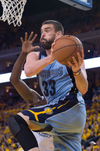 May 5, 2015; Oakland, CA, USA; Memphis Grizzlies center Marc Gasol (33) passes the basketball during the third quarter in game two of the second round of the NBA Playoffs against the Golden State Warriors at Oracle Arena. The Grizzlies defeated the Warriors 97-90. Mandatory Credit: Kyle Terada-USA TODAY Sports