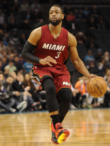 Jan 21, 2015; Charlotte, NC, USA; Miami Heat guard Dwyane Wade (3) during the first half of the game against the Charlotte Hornets at Time Warner Cable Arena. Mandatory Credit: Sam Sharpe-USA TODAY Sports