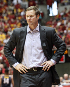 Feb 14, 2015; Ames, IA, USA; Iowa State Cyclones head coach Fred Hoiberg paces the court against the West Virginia Mountaineers at James H. Hilton Coliseum. The Cyclones beat the Mountaineers 79-59.   Mandatory Credit: Reese Strickland-USA TODAY Sports