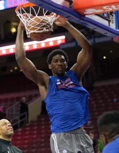 Apr 8, 2015; Philadelphia, PA, USA; Philadelphia 76ers center Joel Embiid (21) dunks the ball before a game against the Washington Wizards at Wells Fargo Center. Mandatory Credit: Bill Streicher-USA TODAY Sports